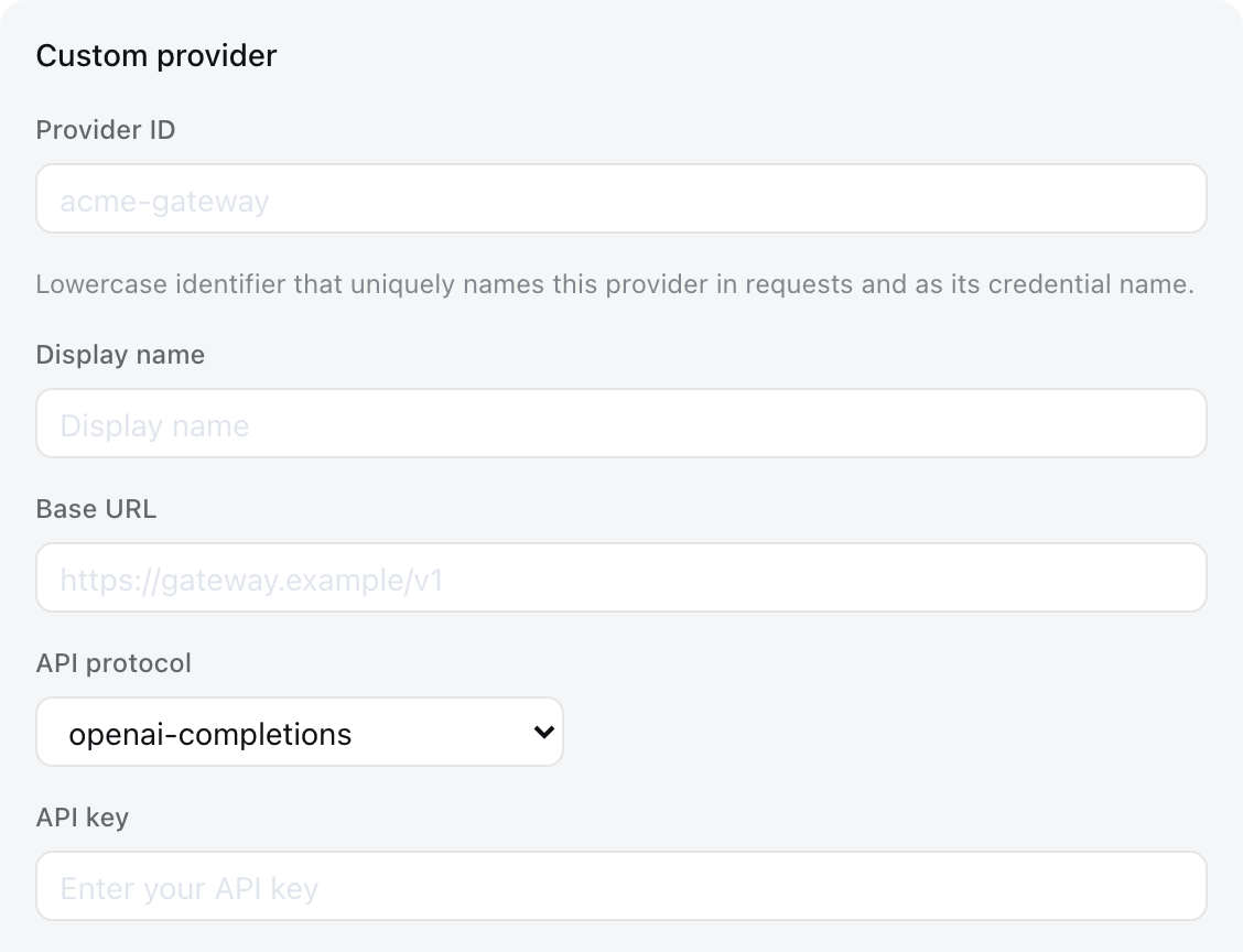 The custom provider form: Provider ID, display name, base URL, API protocol, and API key